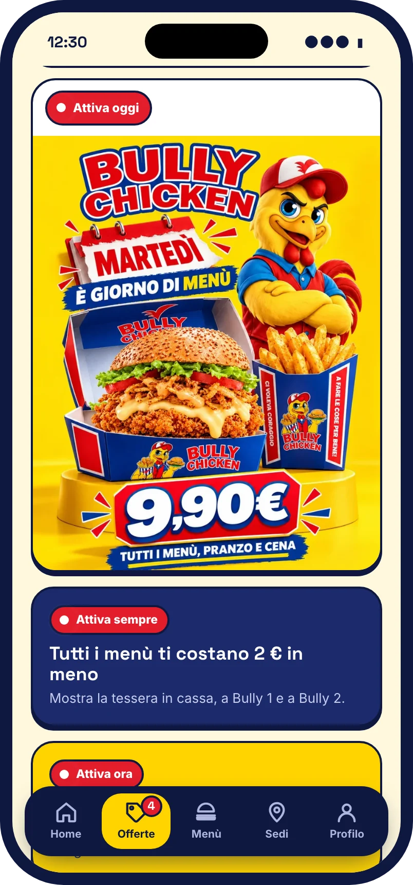 La pagina Offerte dell'app con il martedì a 9,90 euro attivo