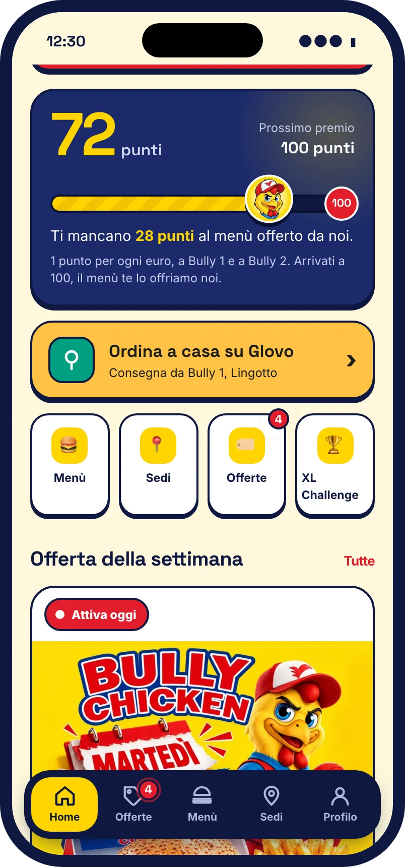 Il saldo punti nell'app: 72 punti e 28 che mancano al menù offerto a 100