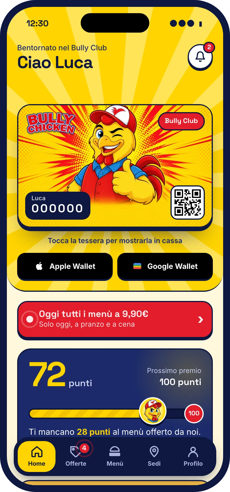 L'app di Bully Chicken con la tessera del Bully Club in primo piano e i pulsanti Apple Wallet e Google Wallet