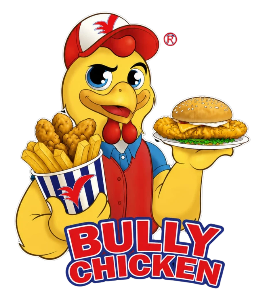 Mascotte Bully Chicken con panino di pollo giallo