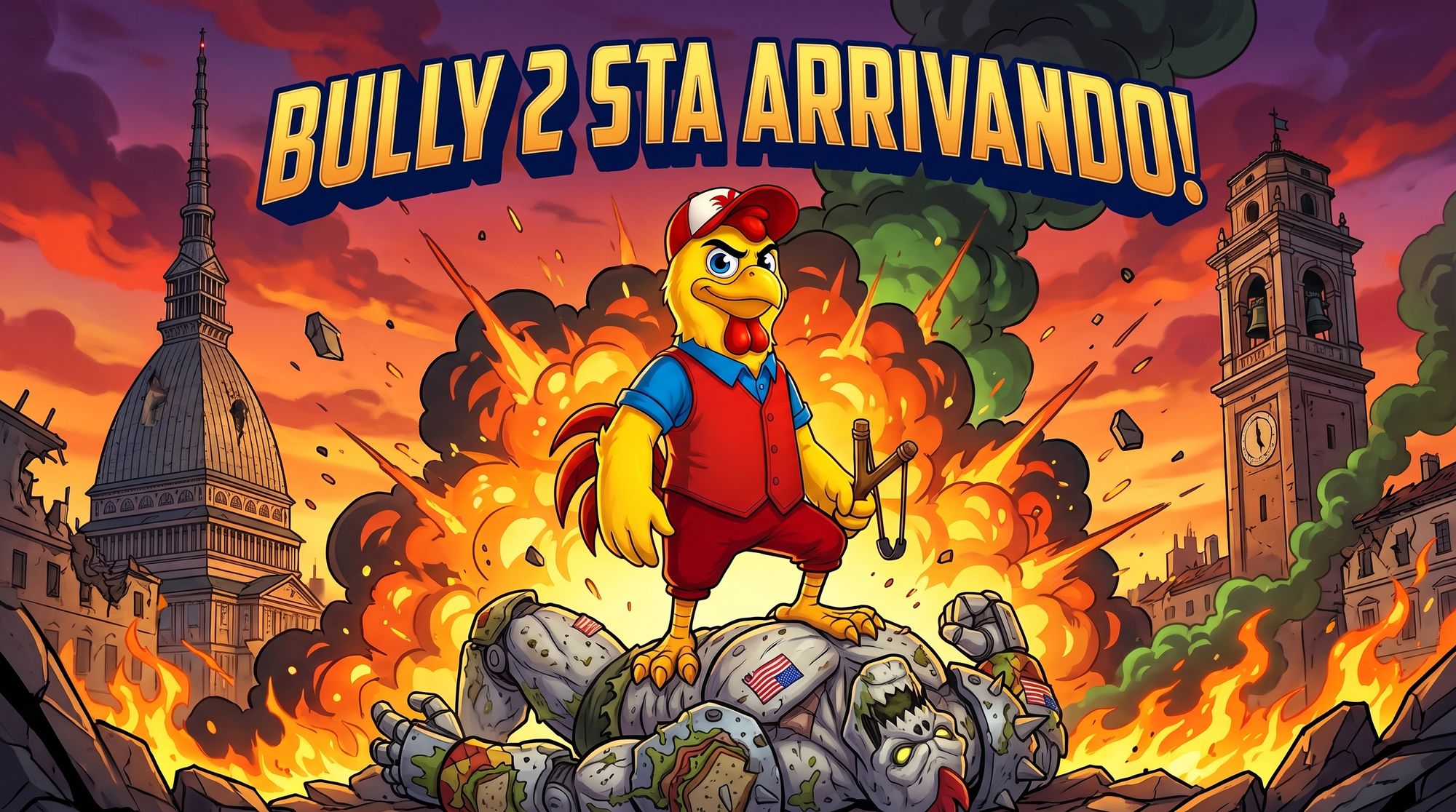 Bully 2 sta arrivando: la mascotte Bully Chicken trionfa sui giganti del fast food americano industriale, con Torino sullo sfondo