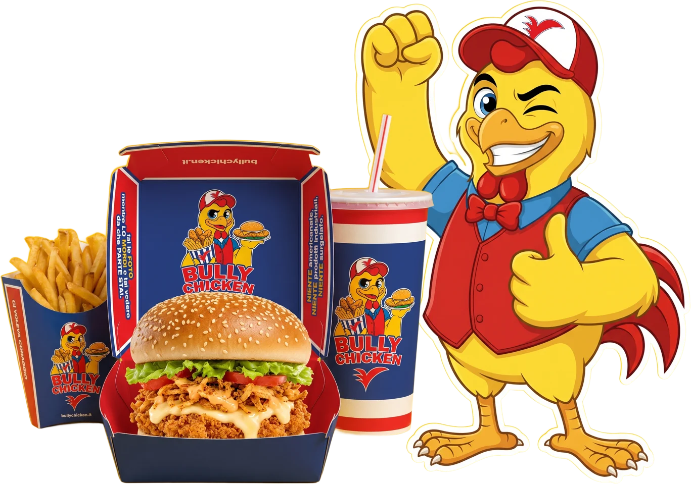 Panino di pollo giallo nel box Bully, patatine e bibita, con la mascotte Bully Chicken che festeggia il sold out