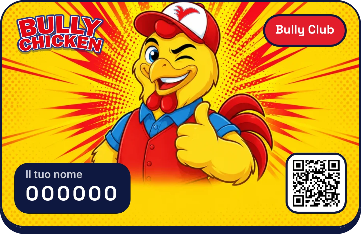 La tessera del Bully Club con la mascotte di Bully Chicken e il QR da mostrare in cassa