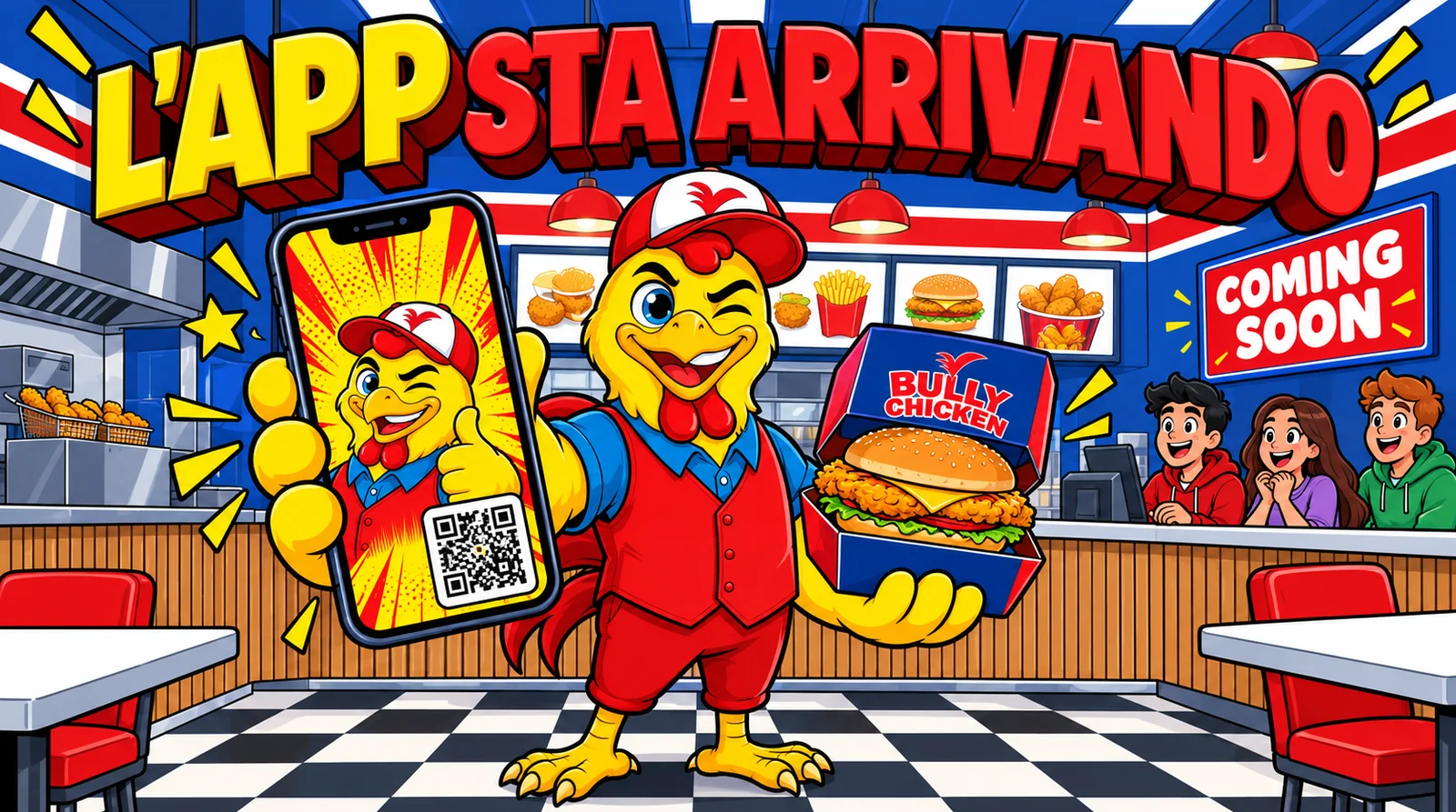 La mascotte di Bully Chicken dentro il locale mostra il telefono con la tessera del Bully Club: l'app di Bully Chicken sta arrivando