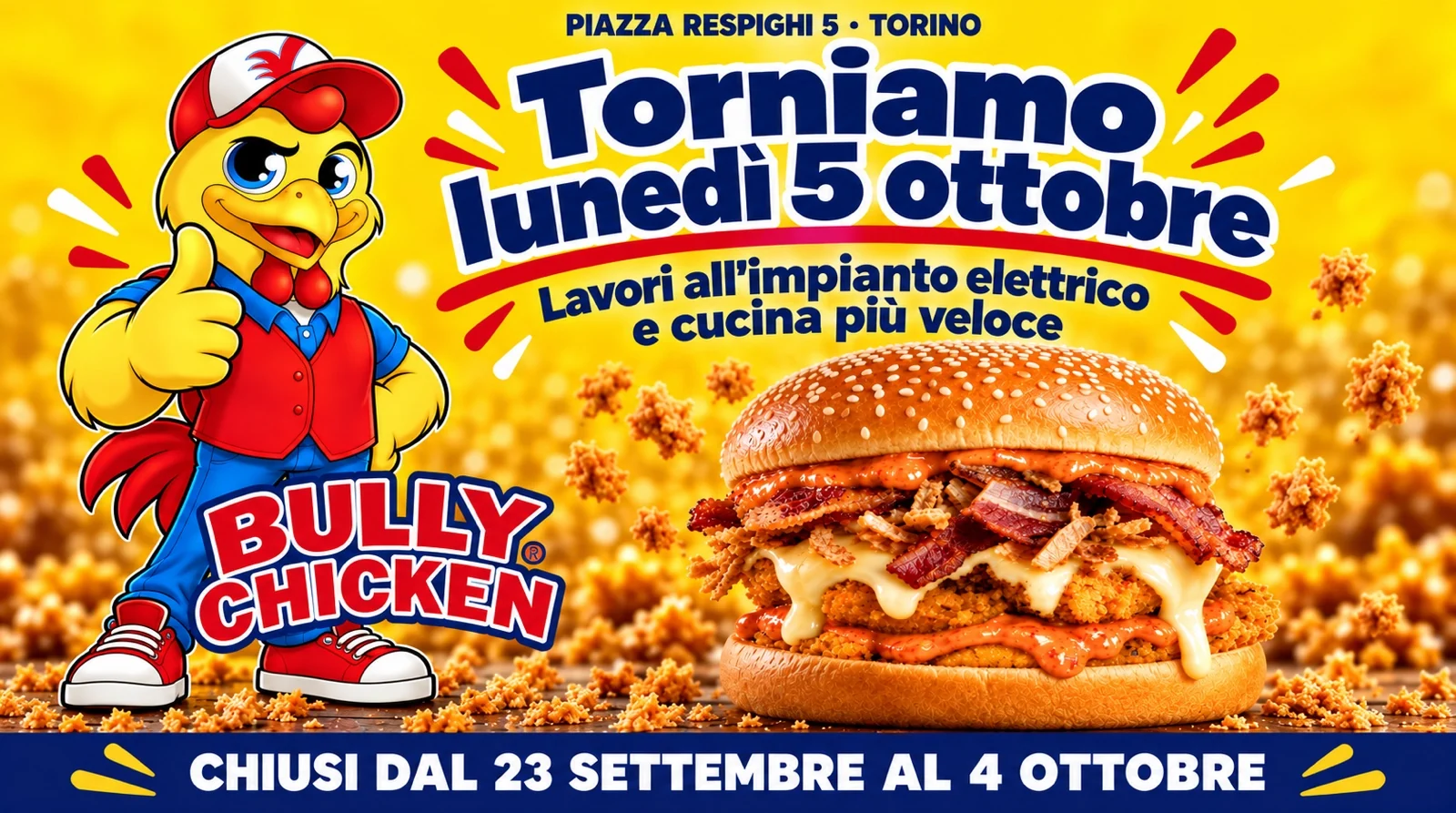 Bully Chicken di Piazza Respighi 5 a Torino chiuso fino al 4 ottobre 2026, riapertura lunedì 5 ottobre
