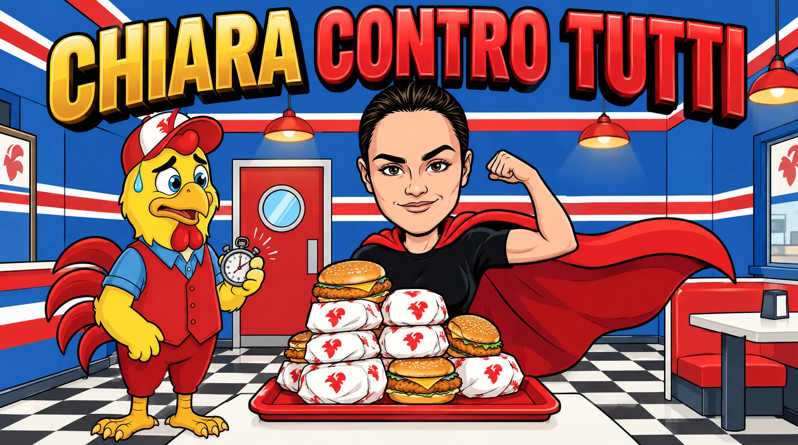 Chiara contro tutti: Chiara in posa da supereroina con il mantello rosso davanti a un vassoio di panini, con la mascotte di Bully Chicken accanto
