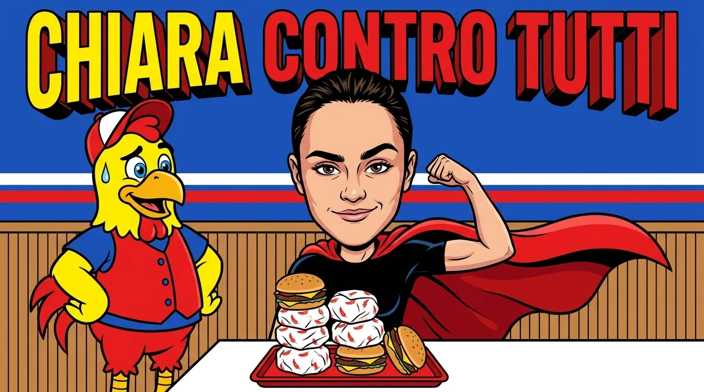 Illustrazione di Chiara contro tutti: Chiara in posa da supereroina con il mantello rosso flette il bicipite davanti a un vassoio di panini, con la mascotte di Bully Chicken preoccupata accanto a lei