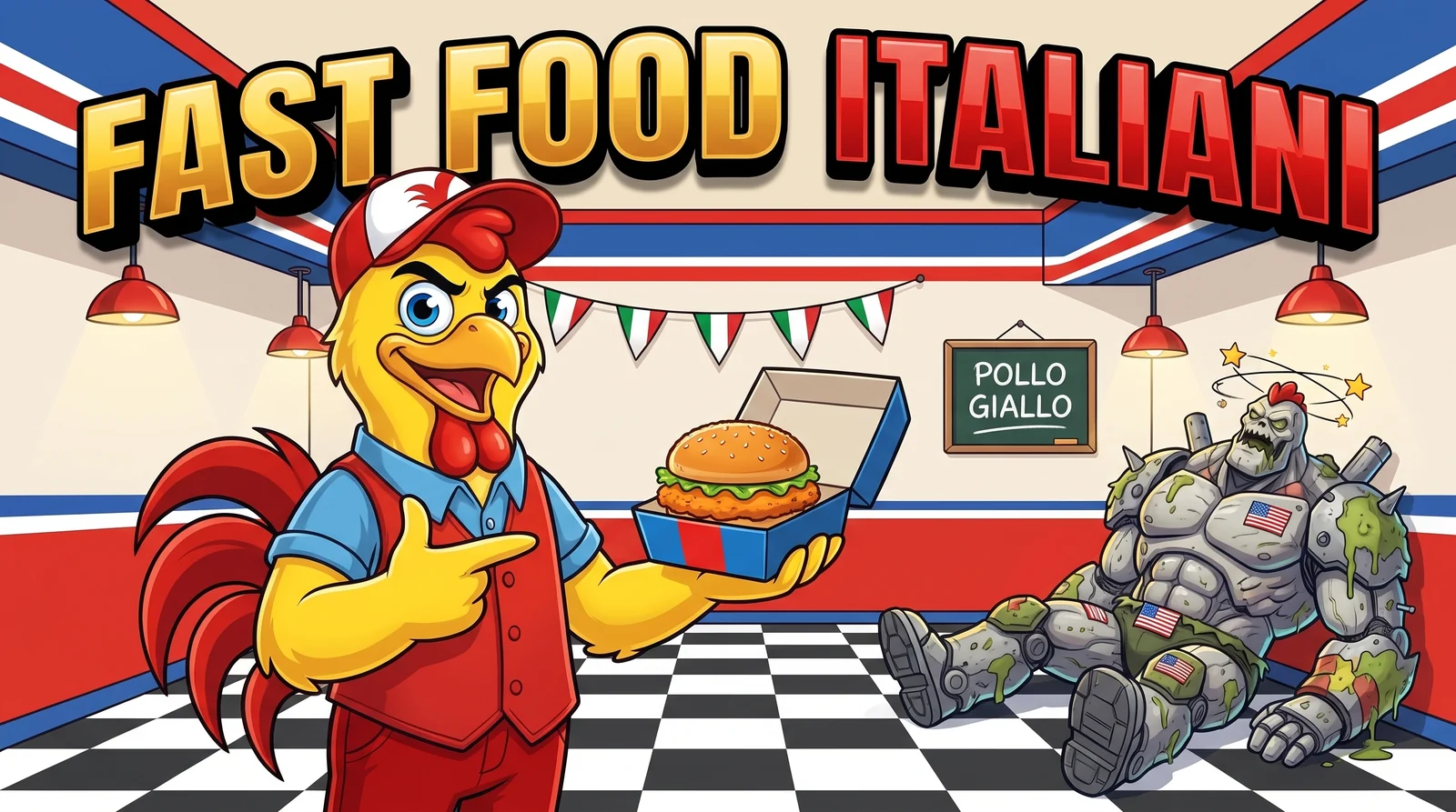 Fast food italiani: la mascotte di Bully Chicken dentro il locale di Torino con il panino di pollo giallo italiano