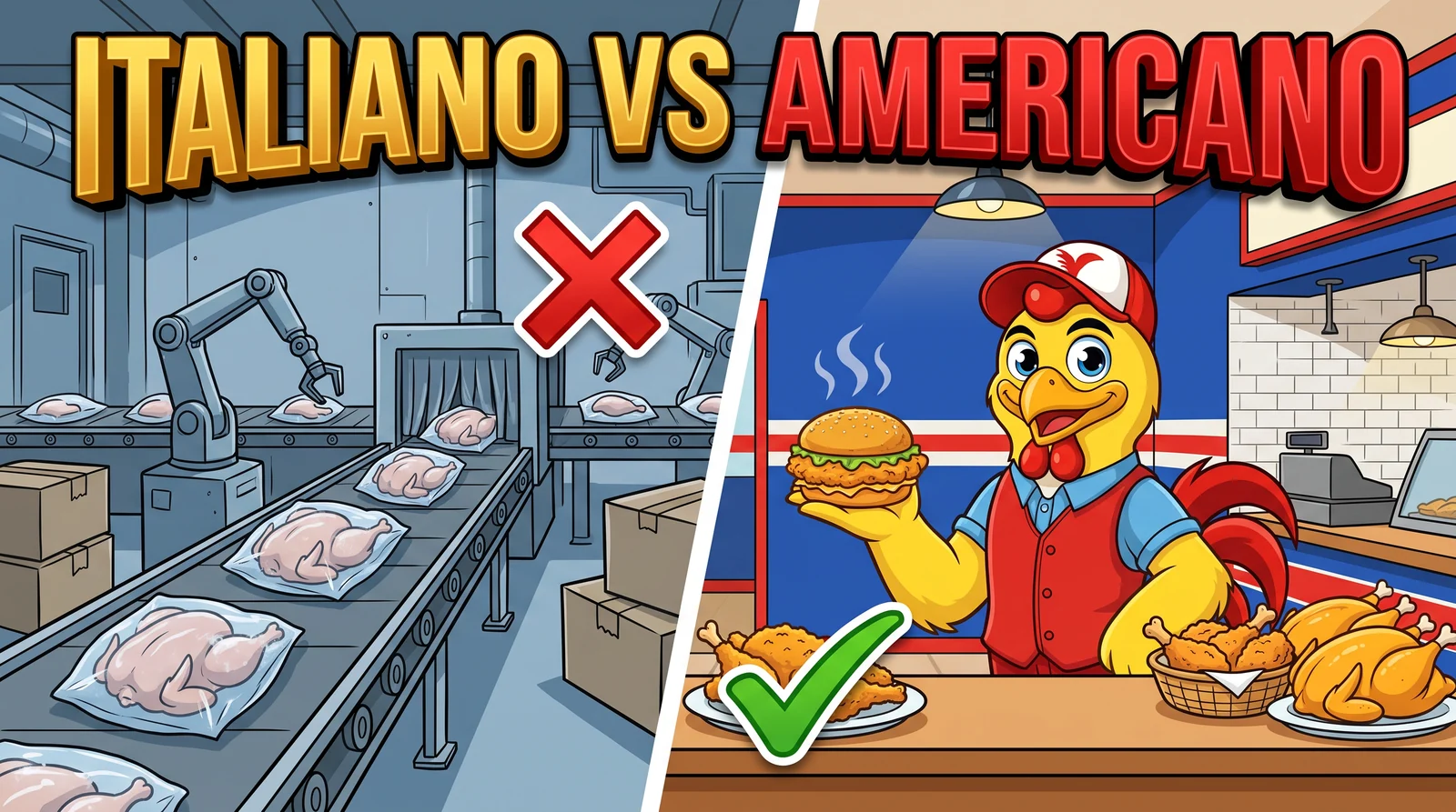Fast food italiano vs americano: da una parte il pollo industriale congelato, dall'altra il pollo giallo italiano di Bully Chicken a Torino