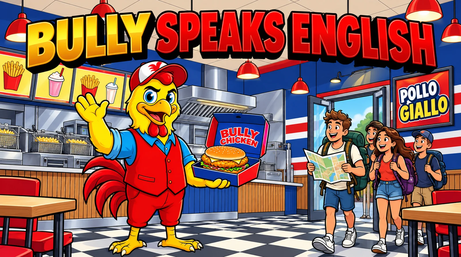 Fried chicken in Turin: the Bully Chicken mascot welcomes visitors inside the restaurant holding a yellow chicken burger in its blue box