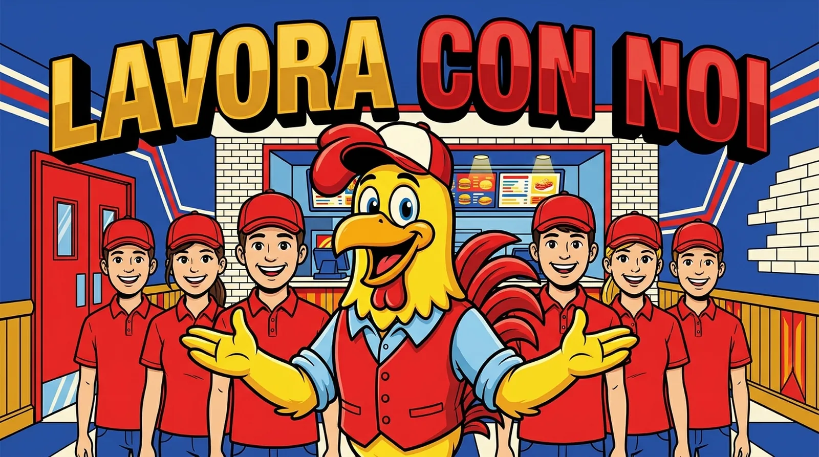 La mascotte di Bully Chicken al centro, a braccia aperte, insieme alla squadra: sei ragazzi in polo e cappellino rossi che sorridono dentro il locale