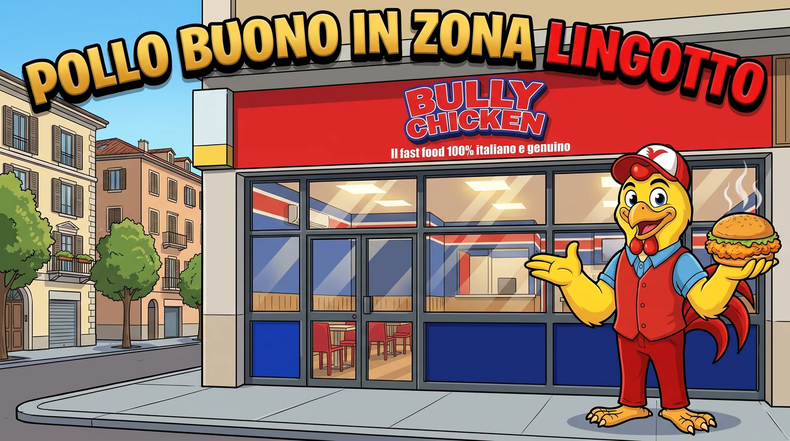 Dove mangiare pollo in zona Lingotto a Torino: la mascotte di Bully Chicken davanti al locale di Via Giordano Bruno 210