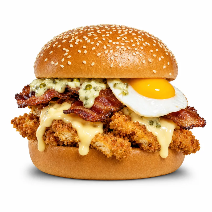 Bully Bacon, panino con straccetti di pollo giallo impanati, uovo, pancetta croccante, fonduta, cetriolini e salsa Burger