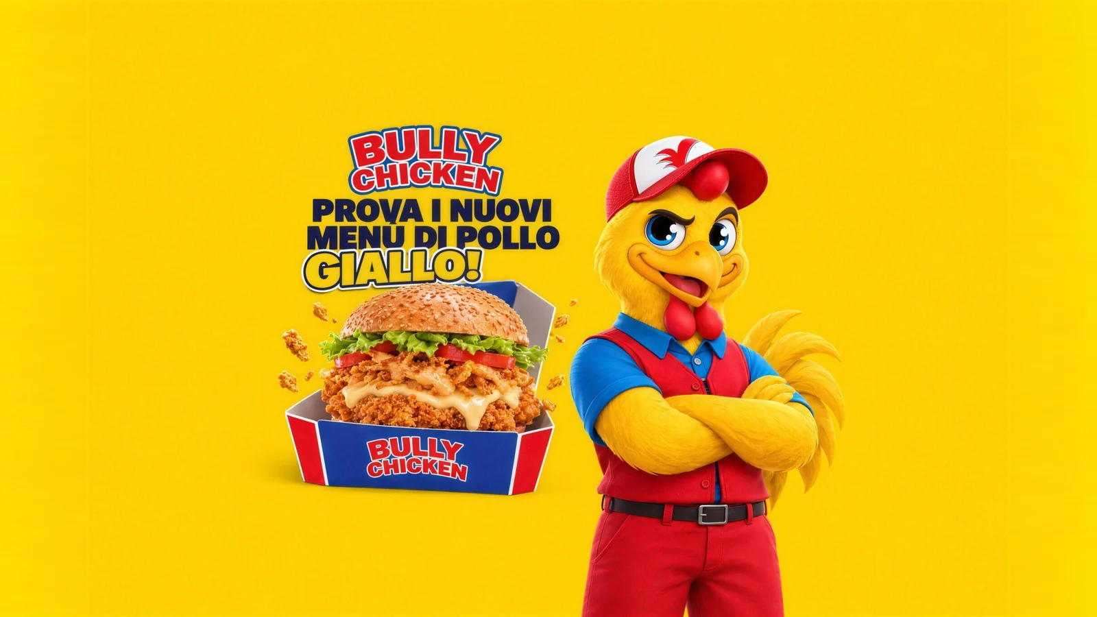 Il nuovo menù di pollo giallo di Bully Chicken a Torino: la mascotte Bully con il panino nel box nuovo