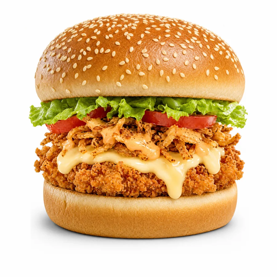 Bully Crispy, panino di pollo giallo impanato con lattuga, pomodoro, fonduta, cipolla croccante e maionese