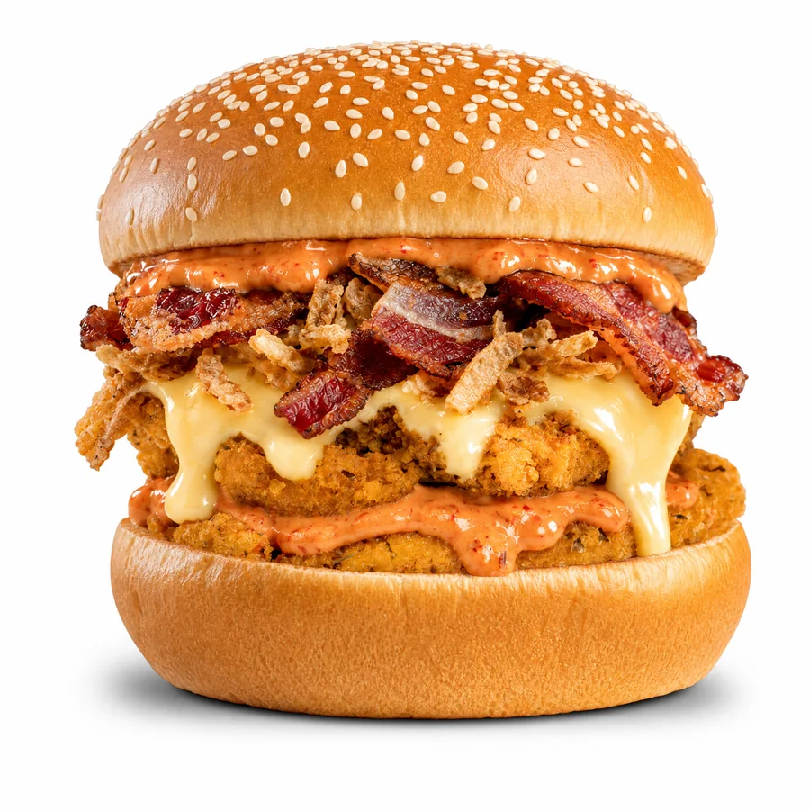 Bully Crunch, panino di pollo giallo impanato con pancetta croccante, cipolla croccante e salsa barbecue