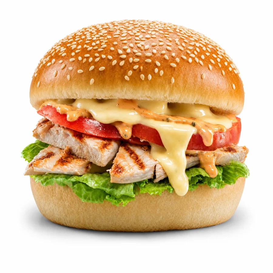 Bully Grill, panino con straccetti di pollo giallo alla griglia, lattuga, pomodoro, fonduta, ketchup e maionese