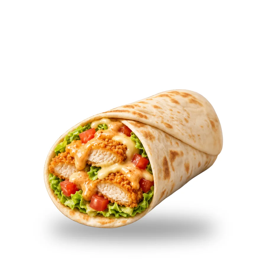 Bully Wrap, tortilla con pollo giallo impanato, lattuga, pomodoro, fonduta e ketchup