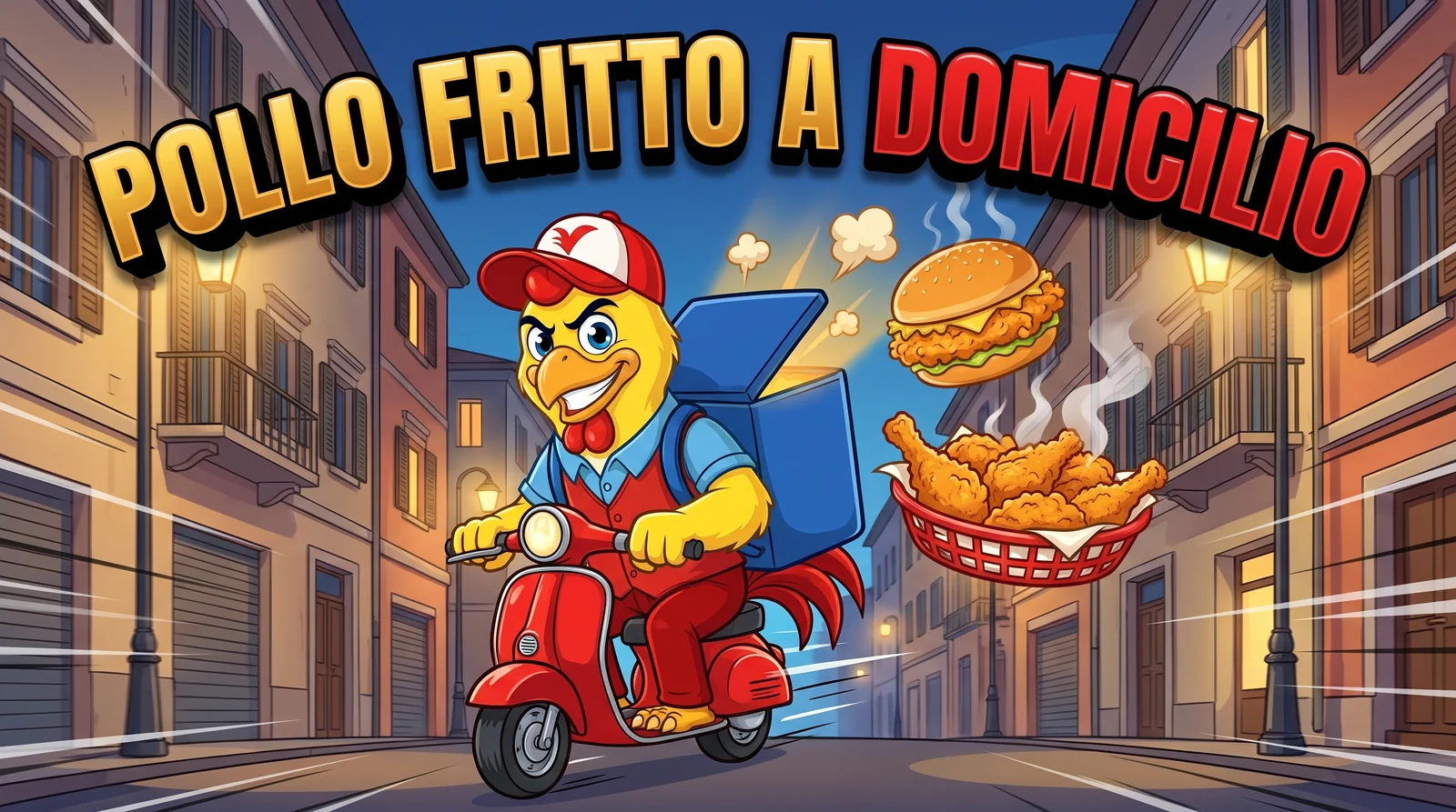 Pollo fritto a domicilio a Torino: la mascotte di Bully Chicken in consegna con panino di pollo giallo e cestino di fritto