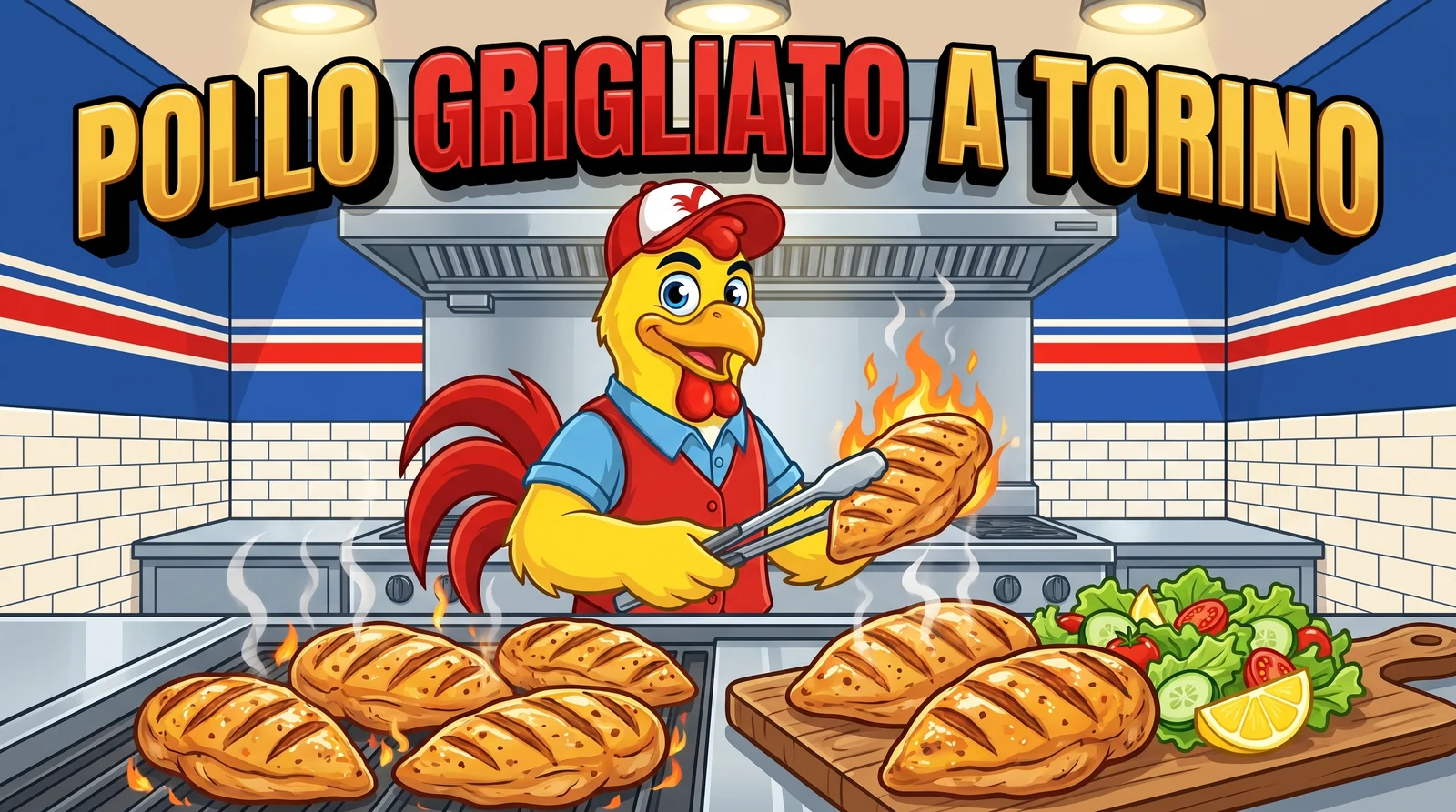 Pollo grigliato a Torino: la mascotte di Bully Chicken alla griglia con petti di pollo giallo italiano e insalata fresca
