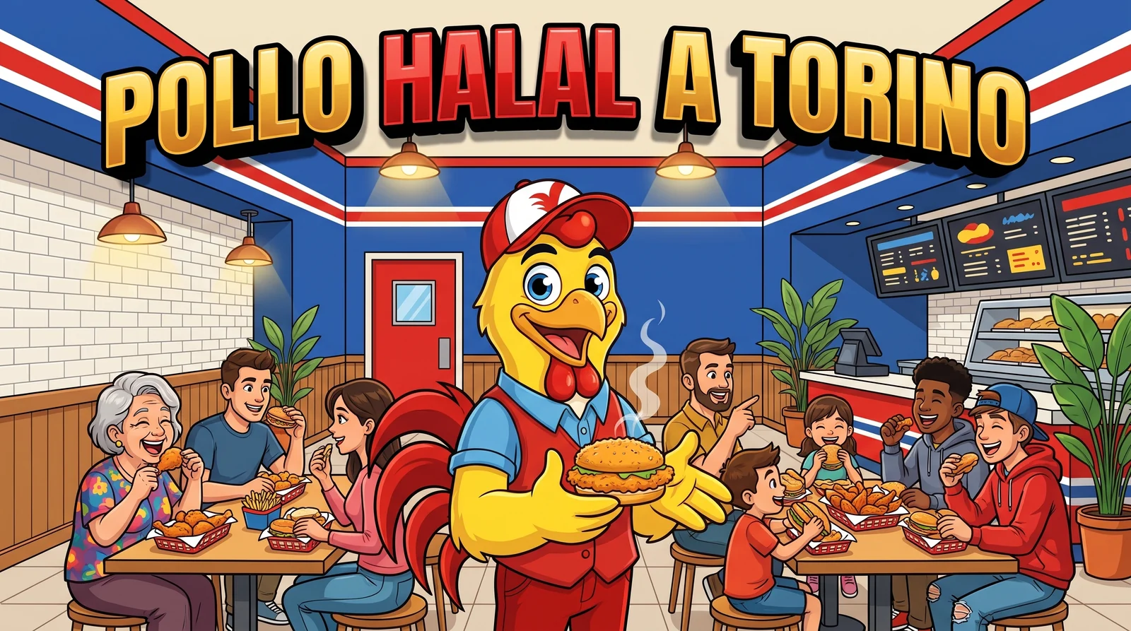 Pollo halal a Torino: la mascotte di Bully Chicken porge un panino di pollo giallo a un tavolo di clienti di ogni età che mangiano insieme