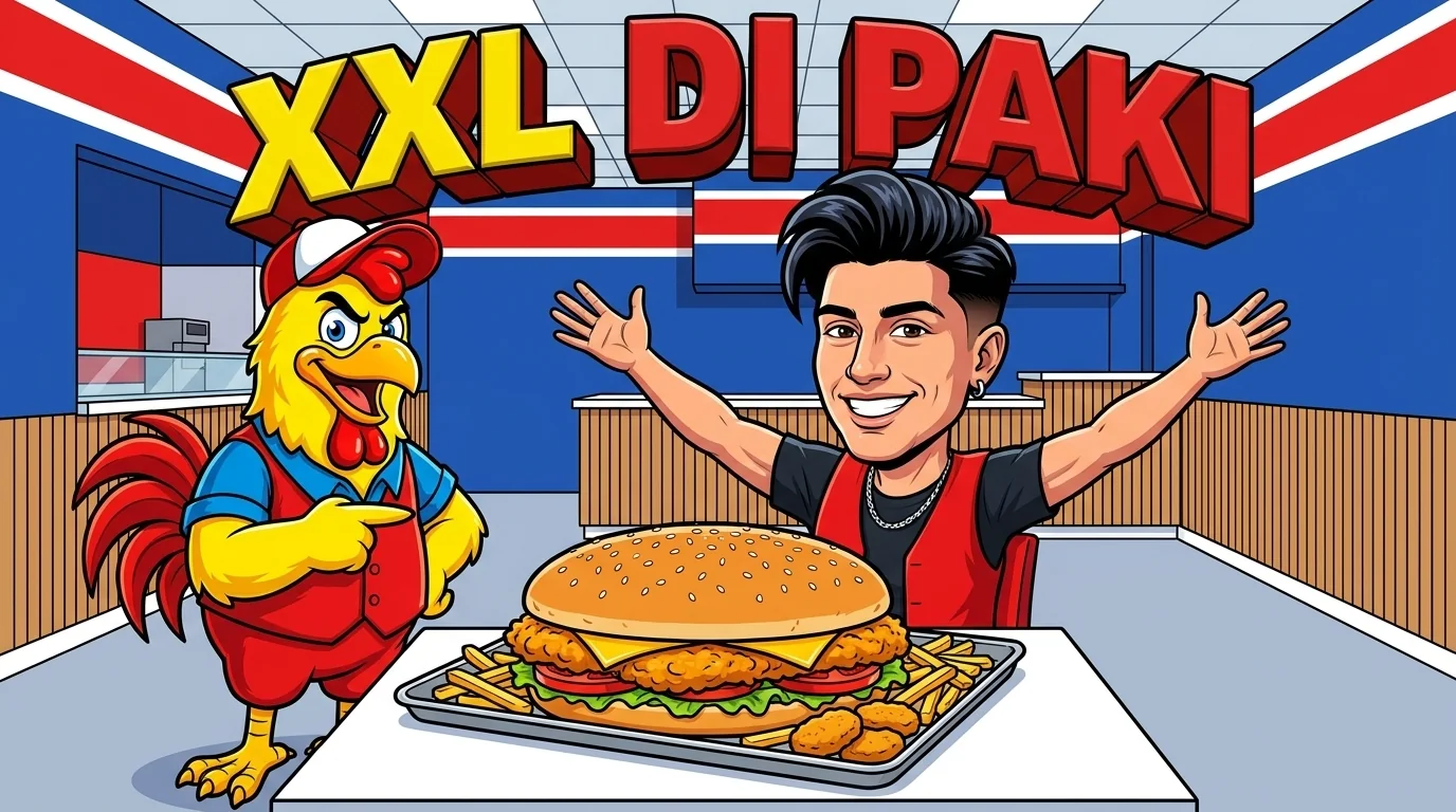 Illustrazione dell'XL Bully Challenge: la mascotte di Bully Chicken indica il panino gigante da 2,5 kg su un vassoio, accanto a Paki con il gilet rosso che allarga le braccia