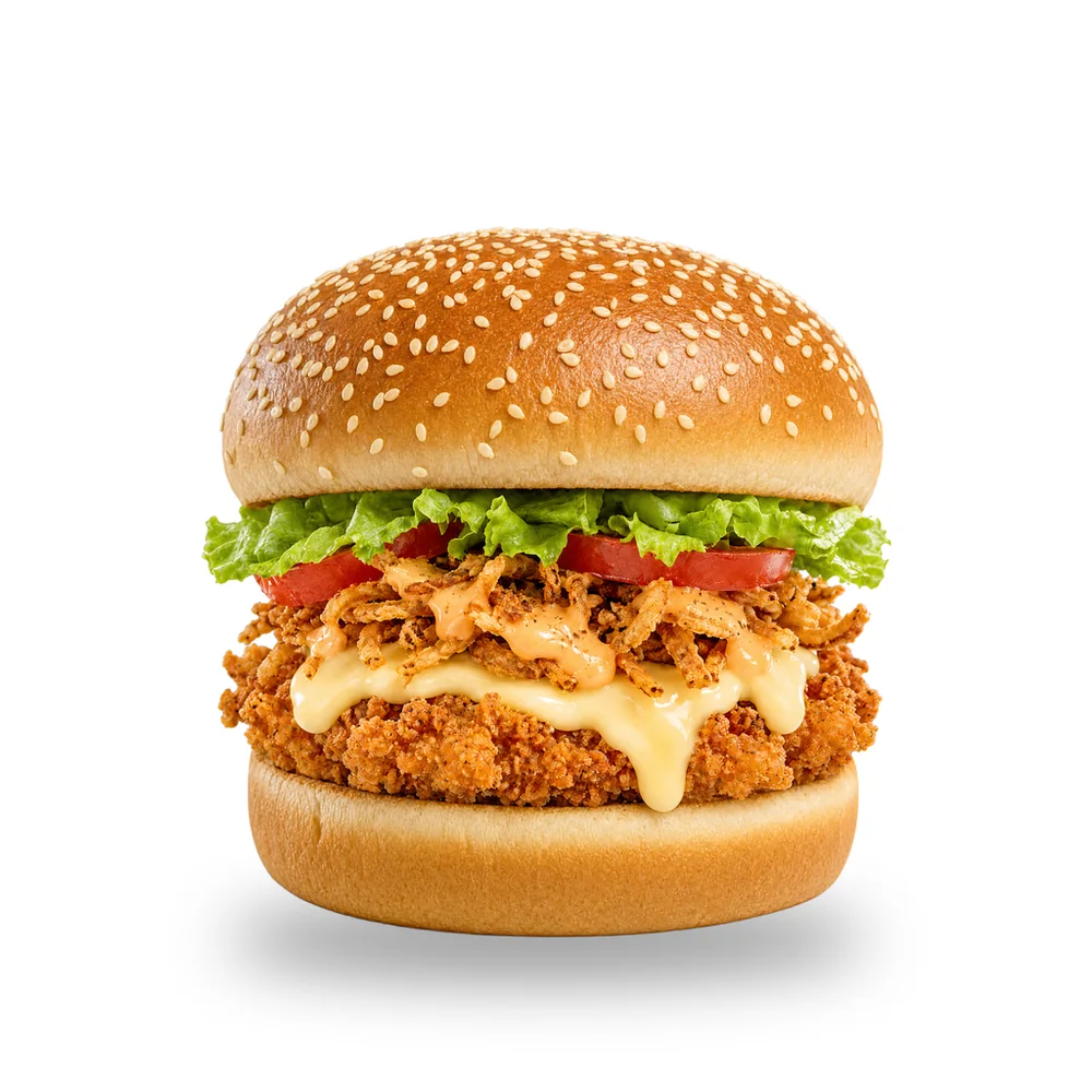Bully Crispy, pollo impanato, lattuga, pomodoro, fonduta, cipolla croccante, maionese