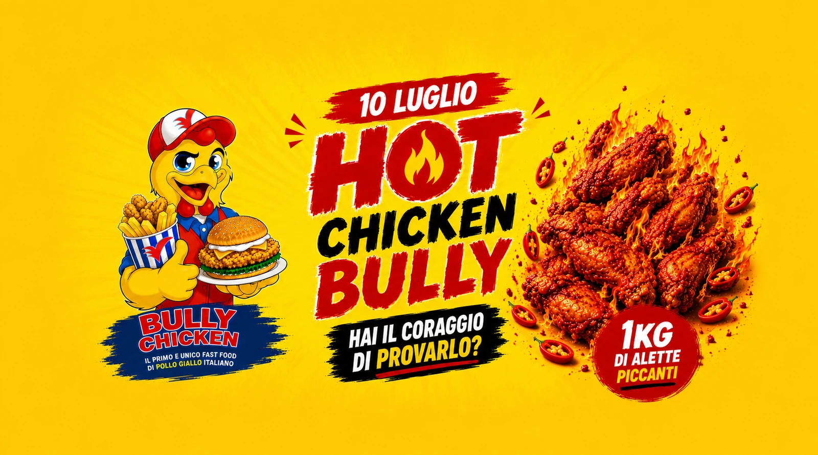 Locandina di Hot Chicken Bully del 10 luglio, con la mascotte Bully Chicken e un mucchio di alette di pollo piccanti