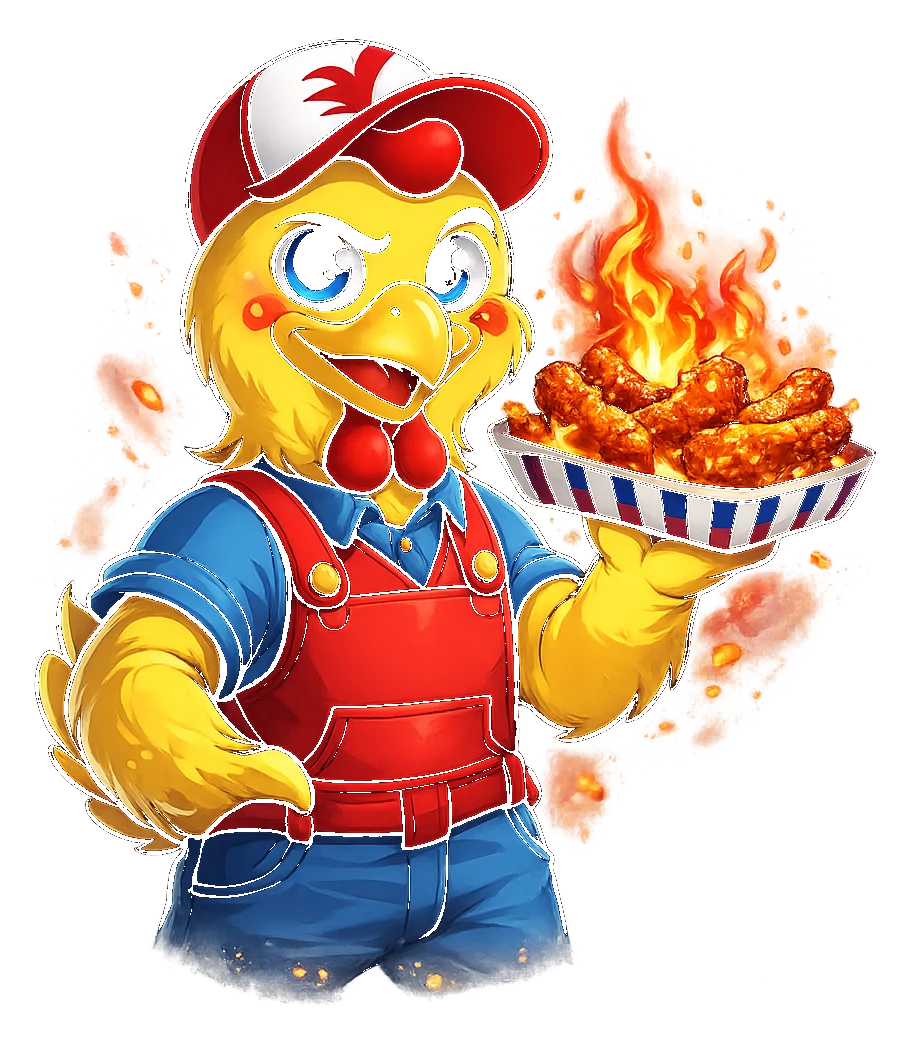 Mascotte Bully Chicken con alette infuocate